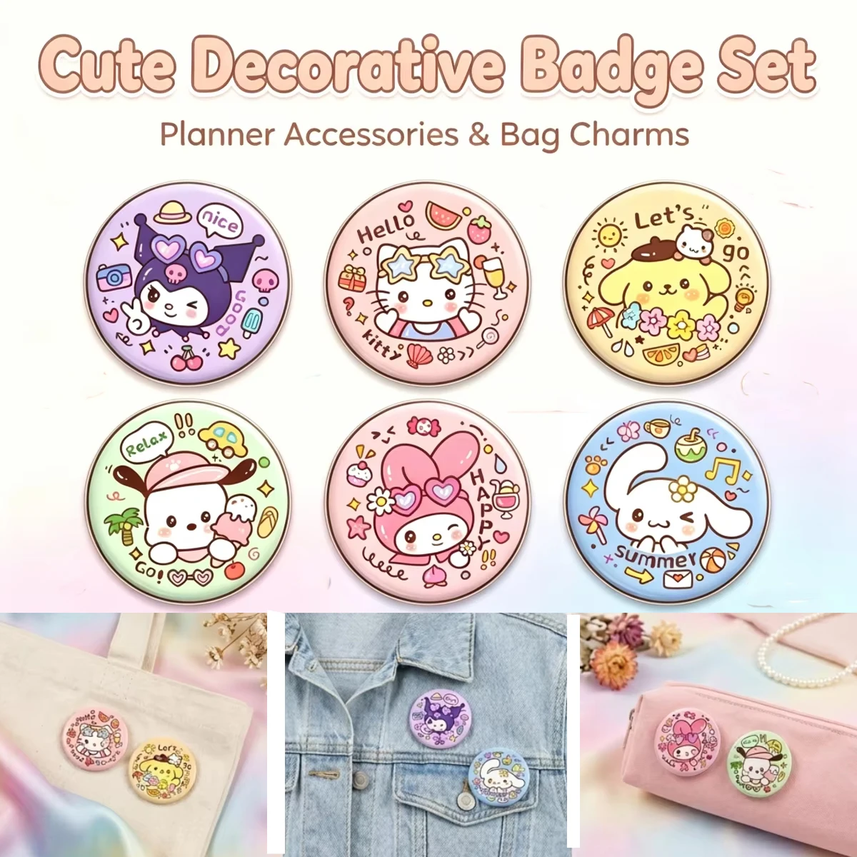 Sanrio Button Badges brooch Cute,Brooch Pins 58mm Cartoon Lapel Pin for Backpack  for Planners, Bags, and Clothing.