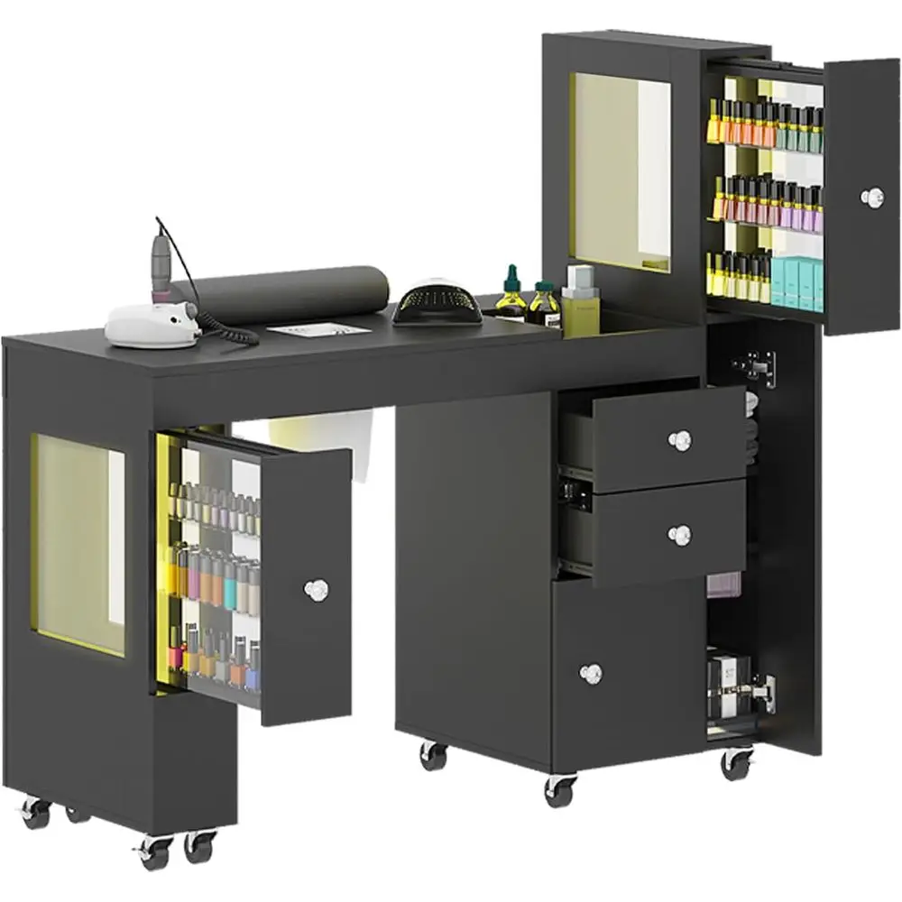 

LED-Illuminated Manicure Station with Lockable Wheels, Dust Collector, Drawers, and Wrist Rest - Black