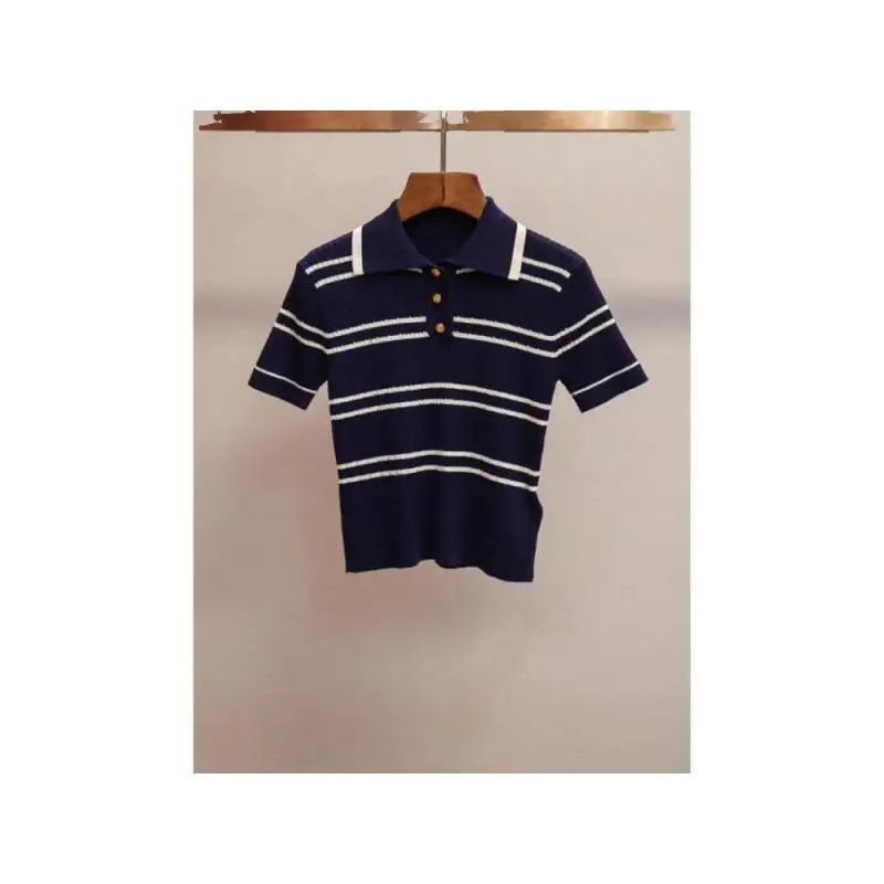 

2025 High-end Women's Summer New Fashion Retro All-match Polo Collar Striped Short Sweater Top