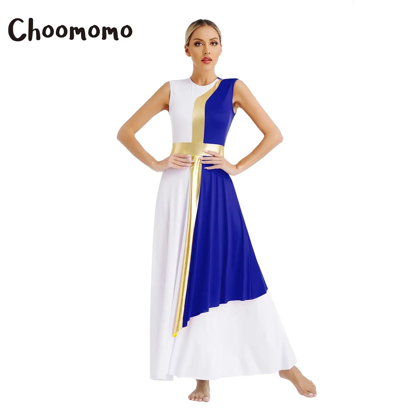 

Womens Liturgical Praise Lyrical Dance Dress Metallic Gold Color Block Full Length Church Gowns Worship Costume Dancewear