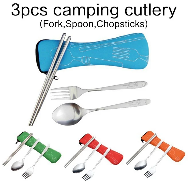 JJYY 4Pcs/3Pcs Set Dinnerware Portable Printed Knifes Fork Spoon Stainless Steel Family Camping Steak Cutlery Tableware with Bag