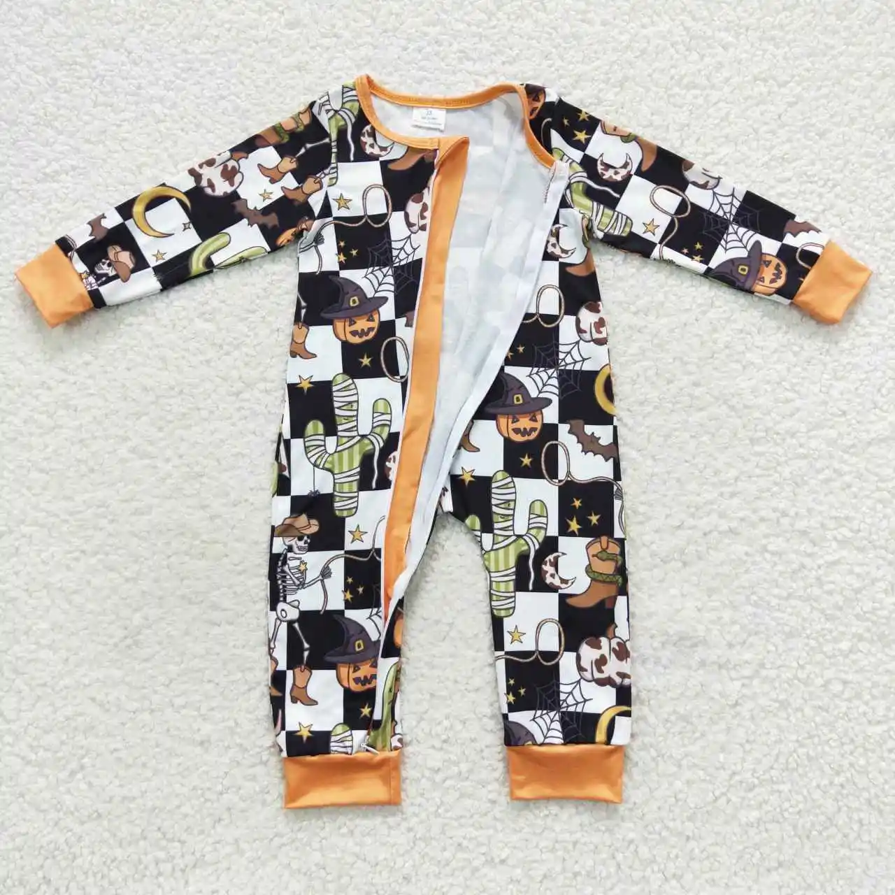 LR0404 Wholesale Toddler Boy Halloween Catcus Pumpkin Zipper Long Sleeve Jumpsuit Baby Romper One'Pieces Kids Clothing