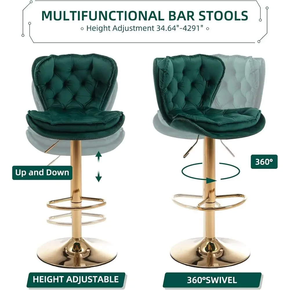 Swivel Pub Height Barstool, Velvet Seat Dining Chair, Hydraulic Counter Stool, Gold Base Island Stool Set of 2 Green - view 5