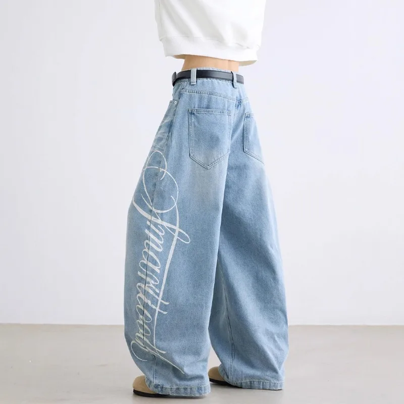 الأمريكية الرجعية واسعة الساق الجينز النساء خطابات طباعة Y2k الجينز الشارع الشهير السراويل الفضفاضة الهيب البوب الدنيم السراويل أزياء النساء الملابس