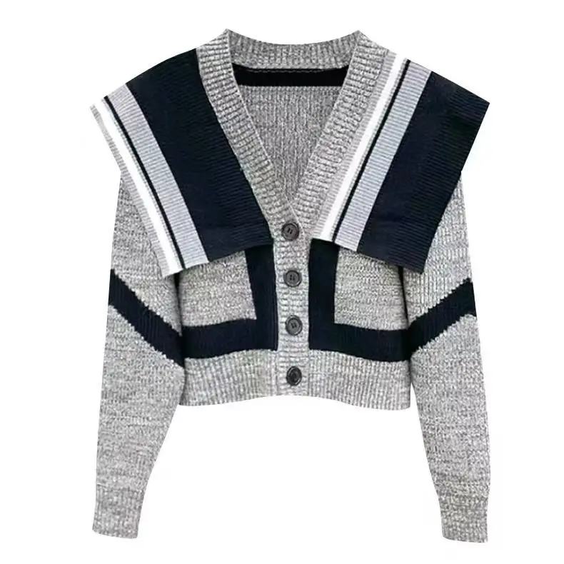 

2024 New Women's Navy Collar Knit Cardigan Preppy Short Crop Sweater with Contrast Trim Retro Vintage Style Button Up Top