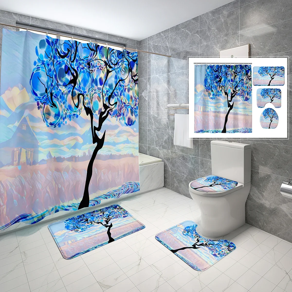 4 Pcs Abstract Tree Shower Curtain Sets with Non-Slip Rugs Mat Toilet Lid Colorful Style Design Waterproof Shower Curtain Set