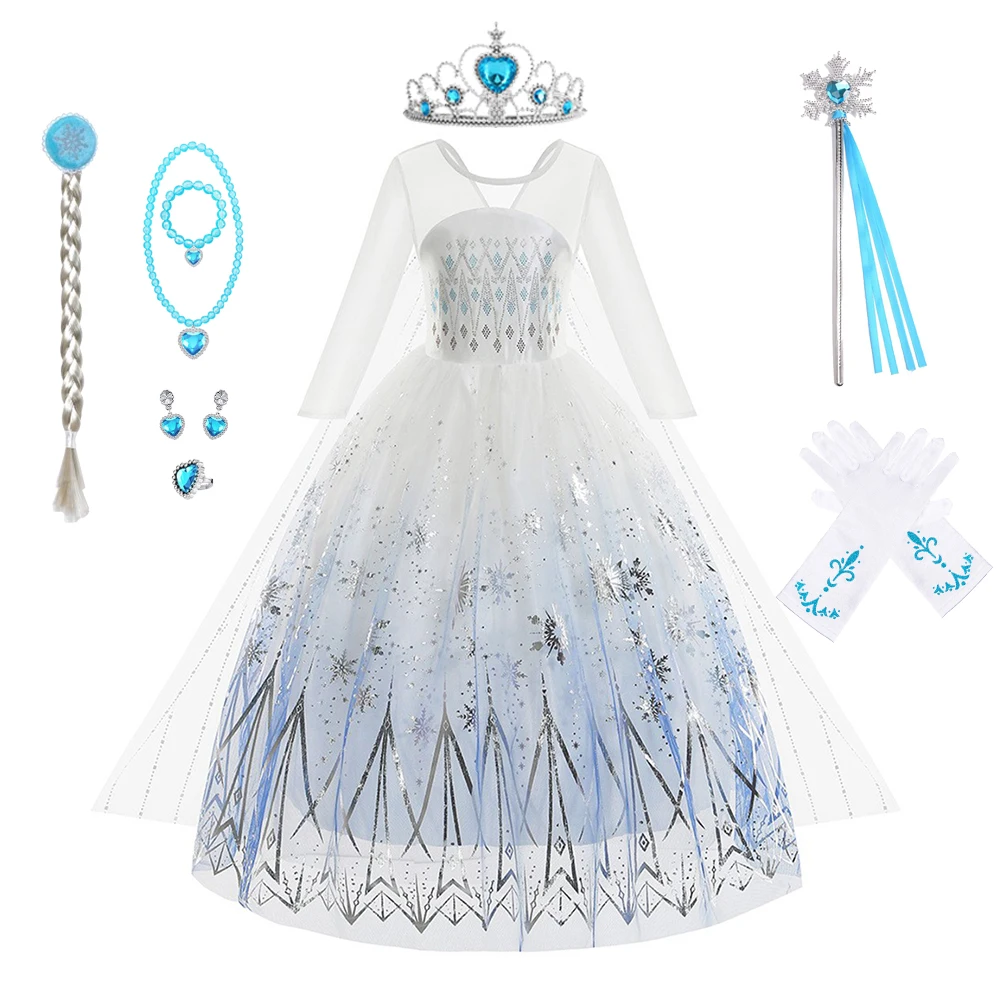 

White Elsa Dress For Girl Cospaly Snow Queen Long Sleeved Lace Dress Birthday Party Princess Costume Dress Gown Ball Robe Frock