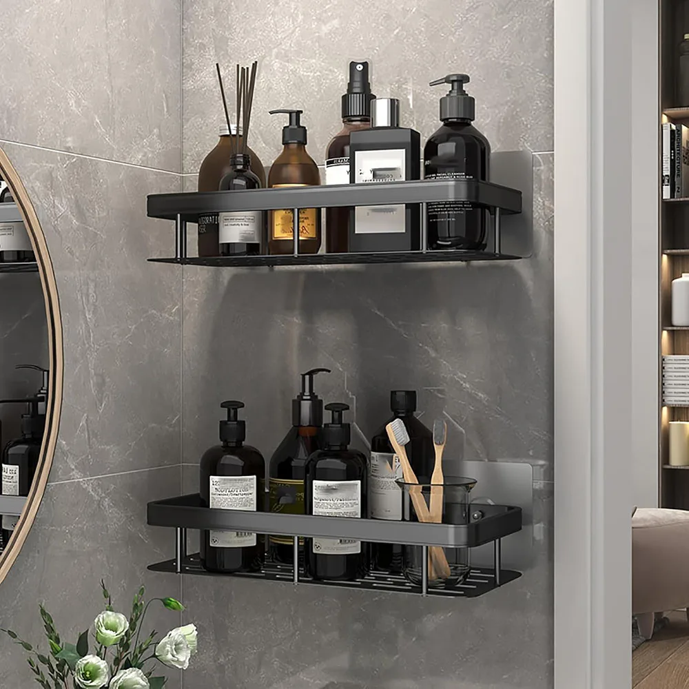 Wall Mounted Shower Rack Bathroom Storage Shelves Metal Shelf Aluminum Rectangular Bathroom Organizer No Drilling Required