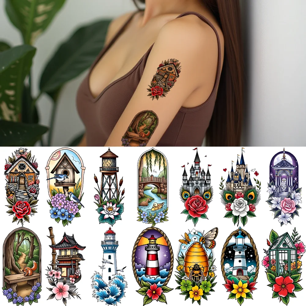 

9pcs Temporary Tattoo Lighthouse And Waves Waterproof Long-lasting Body Stickers Fantasy Castle Forest Scene For Adults