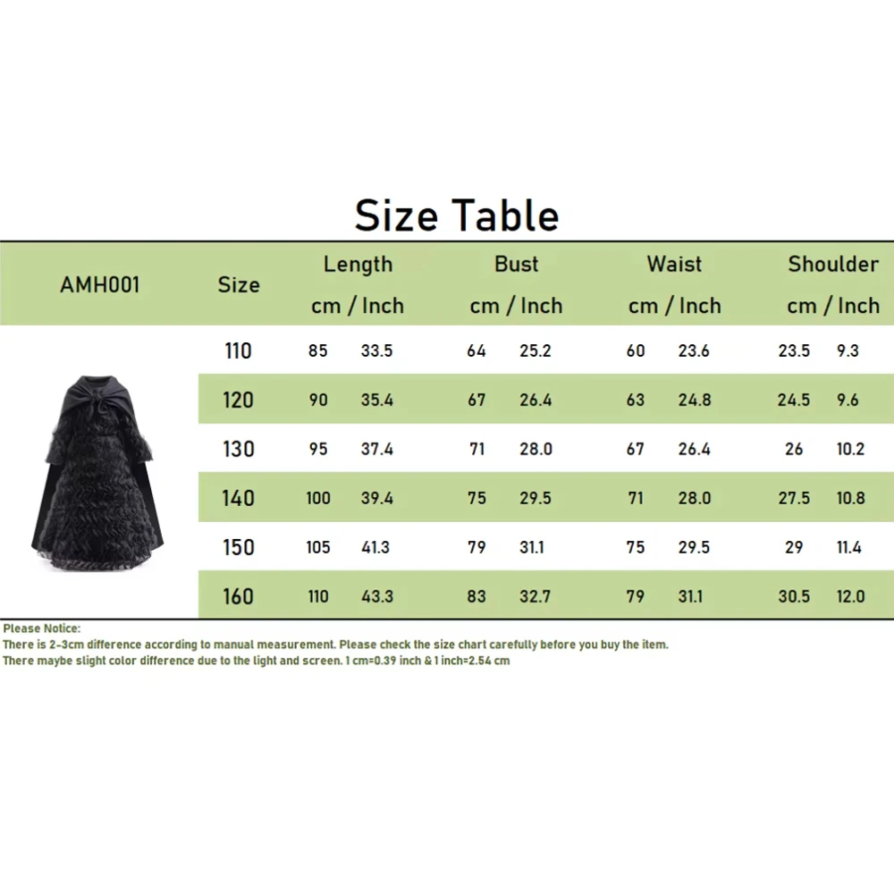 Schwarzes Hexenkostüm für Mädchen, gerüschtes Tüllkleid mit Umhang, langärmeliges gotisches Abendkleid für Kinder, Halloween, Karneval, Geburtstagsfeier – Detail 1