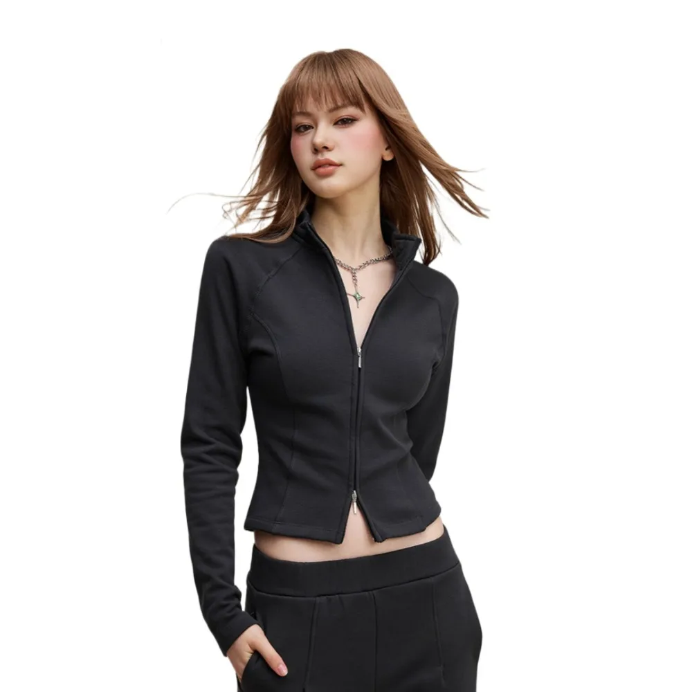 سترة تيسكو بقصة ضيقة، سترة بسحاب جذابة وأكمام طويلة، سترة قصيرة الطول، بكتف مستقيم للنساء