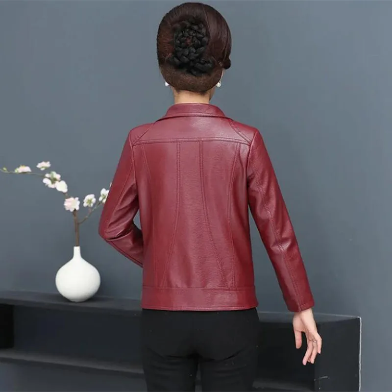 Fashion Elderly Women's Leather Clothes 6XL Big Size Women's PU Pi Jacket New Spring Autumn Casual Jackets Female Outerwear Tops