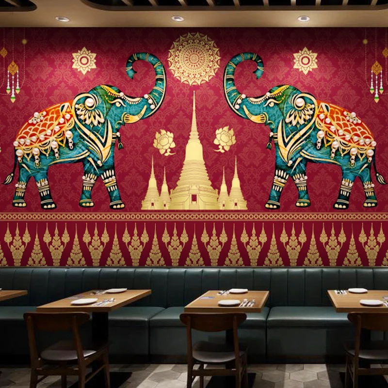 Custom Wallpaper 3D Southeast Asian Flamingo Mural Thai Elephant Animal Restaurant Decoration Background Workwear Shop Wallpaper image 6