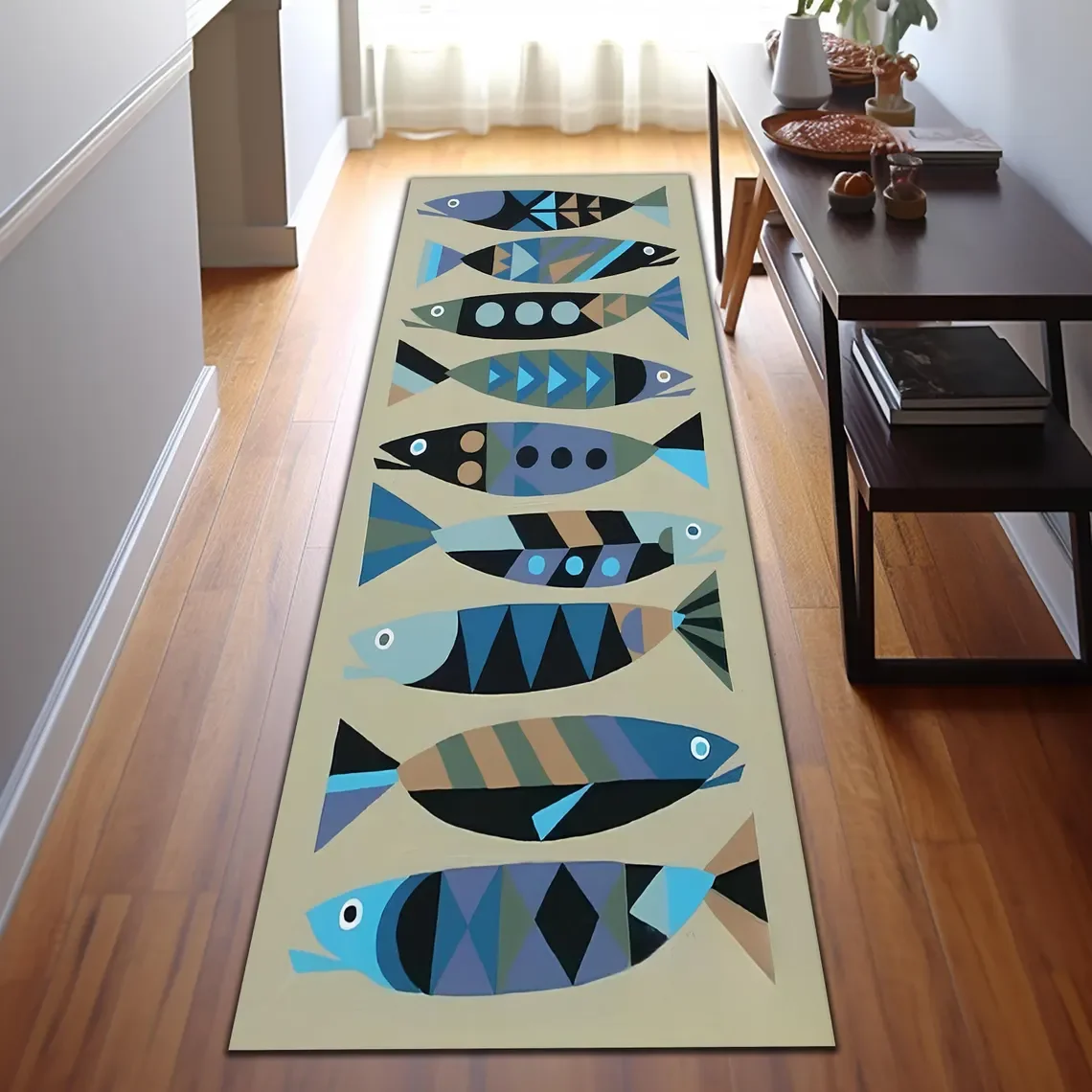 Geometrischer Fischläufer-Teppich, bunte abstrakte Fisch-Design-Küchenmatte, moderner Flurteppich, waschbarer Bodenteppich für die Inneneinrichtung