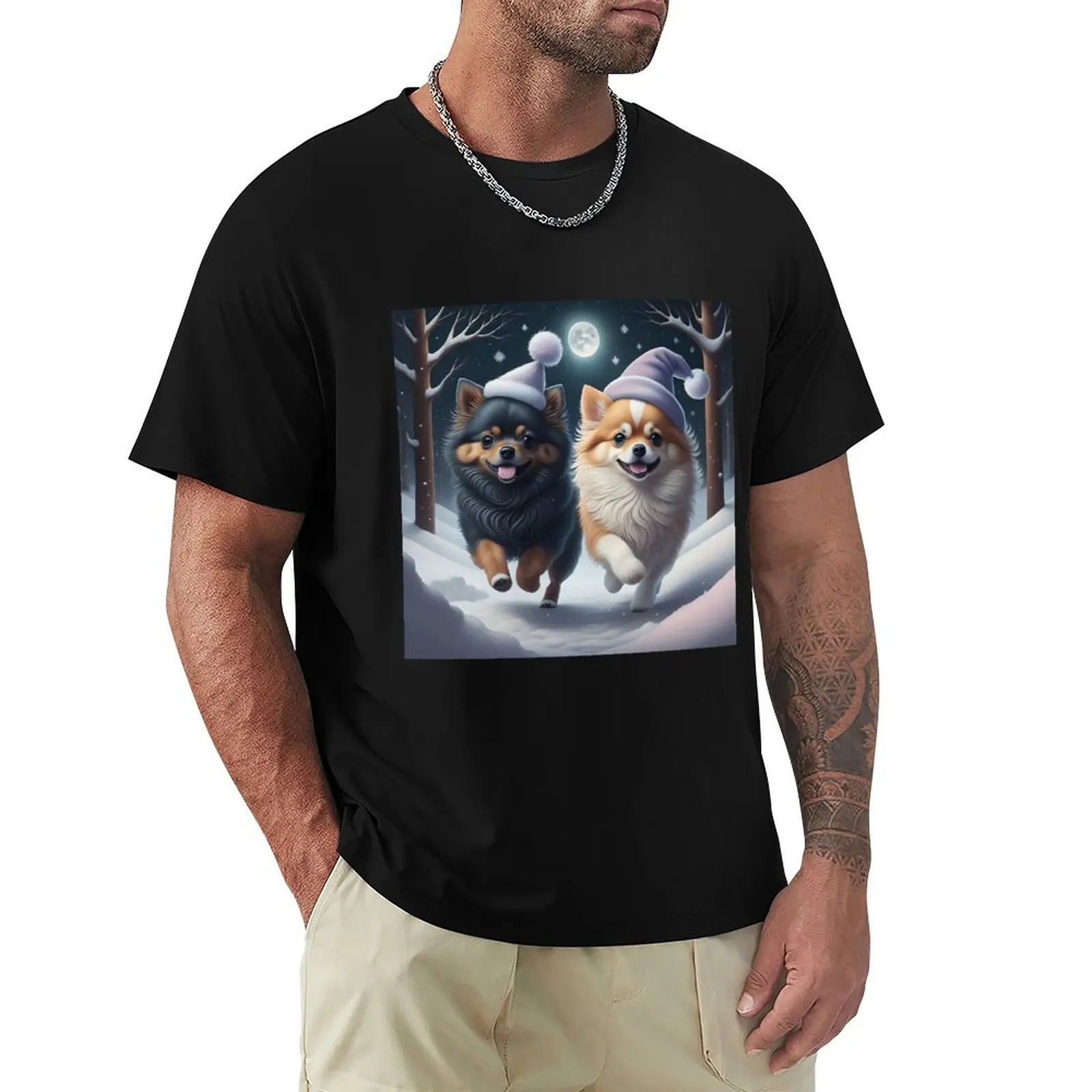 

Pomeranian dogs in a Winter Wonderland T-Shirt custom t-shirts blue lock Short sleeve tee Men's clothing