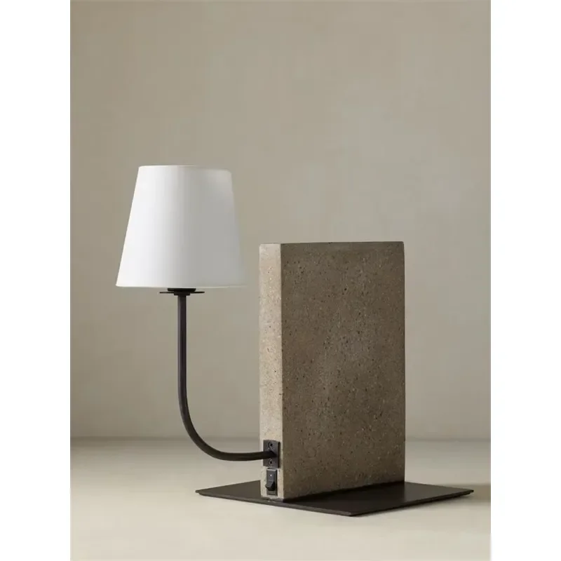 Modern Nordic Table Lamp Polished Stone Base Linen Shade Wrought Iron Arm Light for Bedroom Dining Room Hotel Villa Decor Art