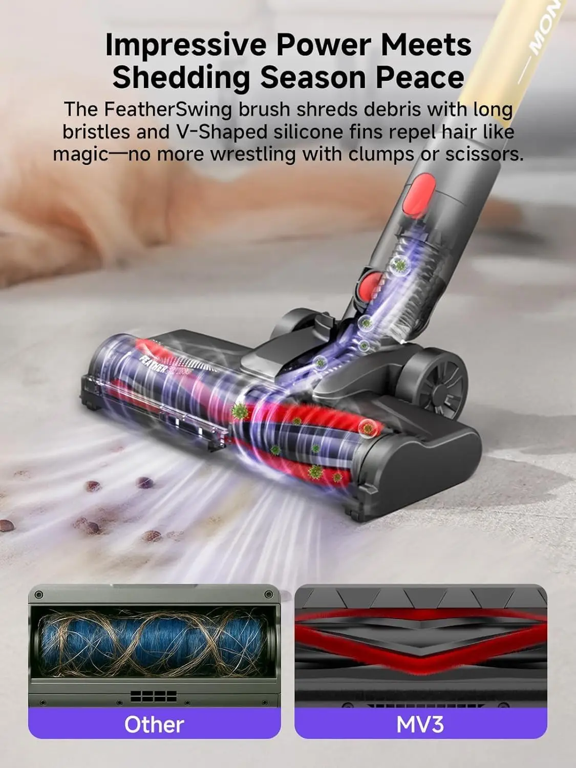 Aspirador de pó sem fio 45KPa 400W, aspirador leve para pêlos de animais de estimação, carpetes e pisos, tempo de execução de 50 minutos, dourado e roxo