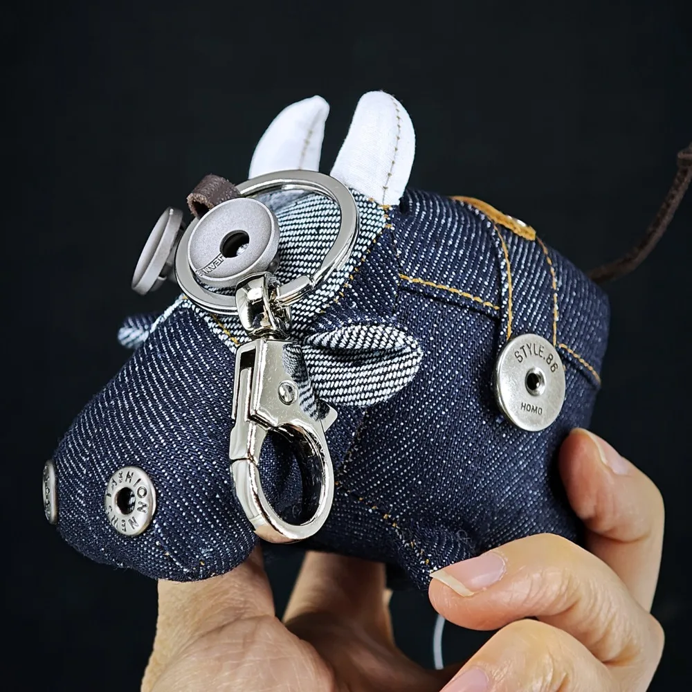 Creative‑shaped Cartoon Cow doll bag charm made of denim, exquisite backpack pendant, car ornament, gift for men