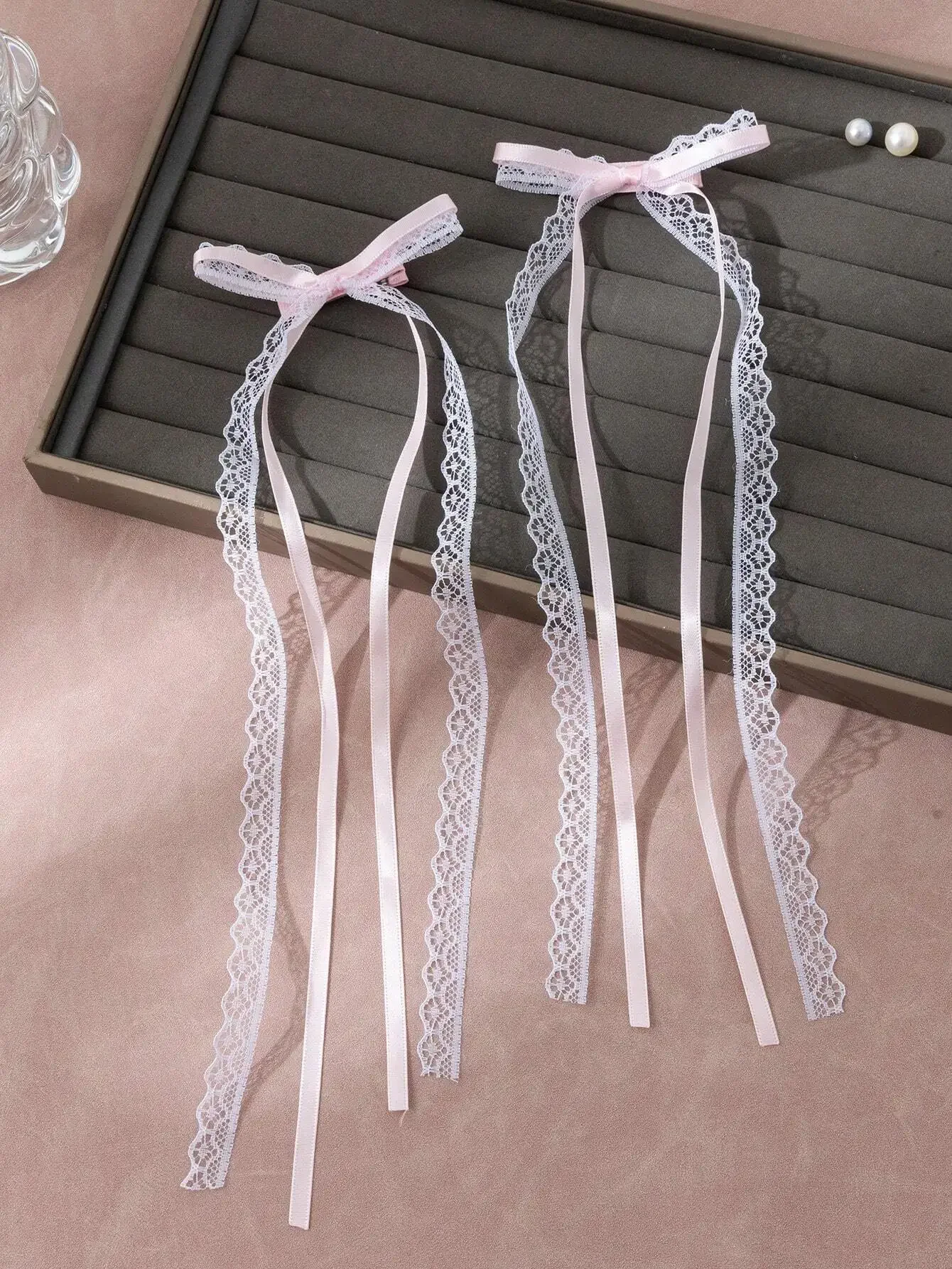 

2pcs French Style Ballet Bow Hair Barrettes With Lace Ribbons For Women