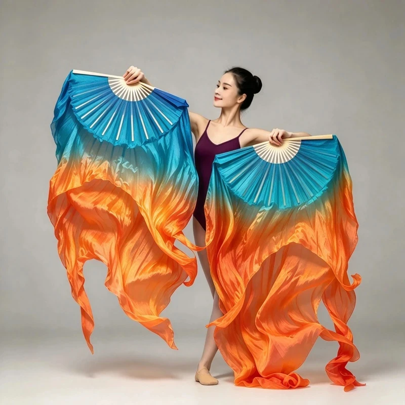 Customizable Size Color Double Layer Gradient Pure Silk Dance Fan for Chinese Traditional Belly Dance Performance Handmade