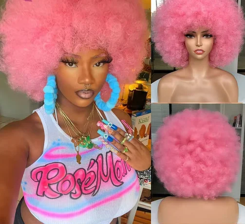 Short Hair Afro Kinky Curly Wigs With Bangs For Black Women Cosplay lolita Synthetic Omber Blue Pink blackpink Wig