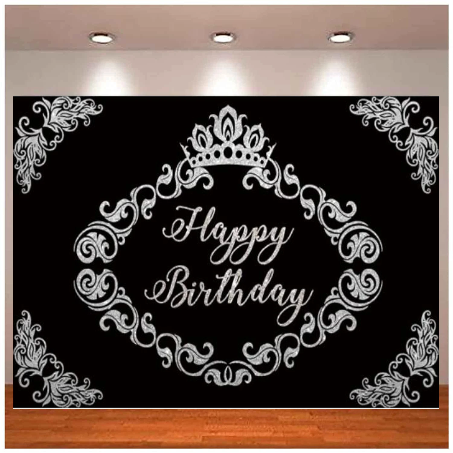 Sliver Crown Happy Birthday Photography Backdrop Luxury Vintage Baroque Design Black Background Princess Queen Woman Girl Party