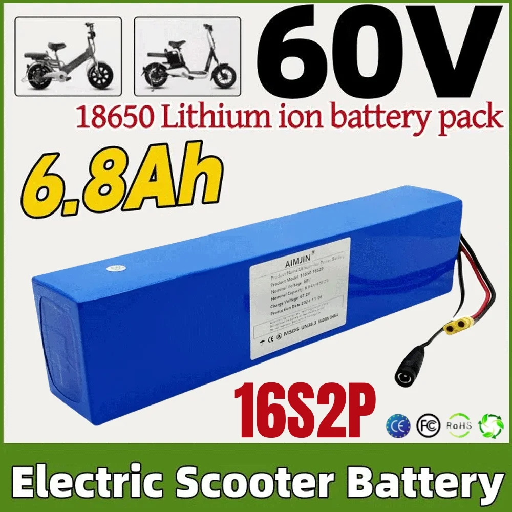

New 60V 16S2P 18650 Batterie Lithium-ion, 67.2V, 6800mAh, Pour Scooter Électrique, Avec Prise Et Chargeur BMS 1000W BMS XT60/T