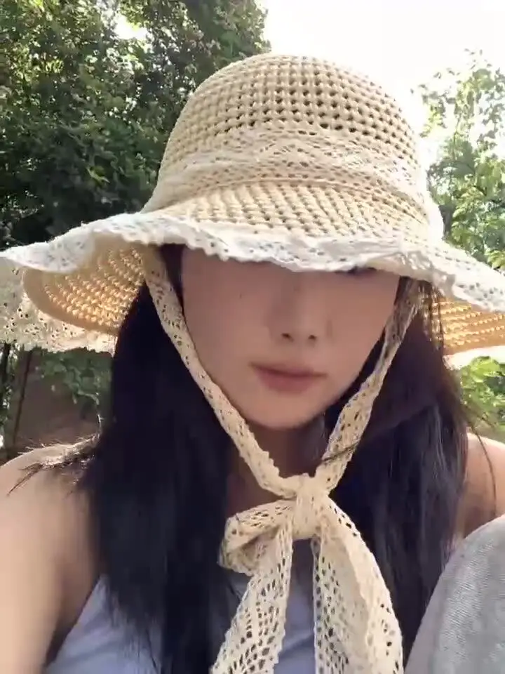 Lace Bow Women Straw Hat Wide Brim Hollow Out Grass Handwoven Visors Bucket Cap Korean Girl Beach Tour Foldable Sunshade Hats
