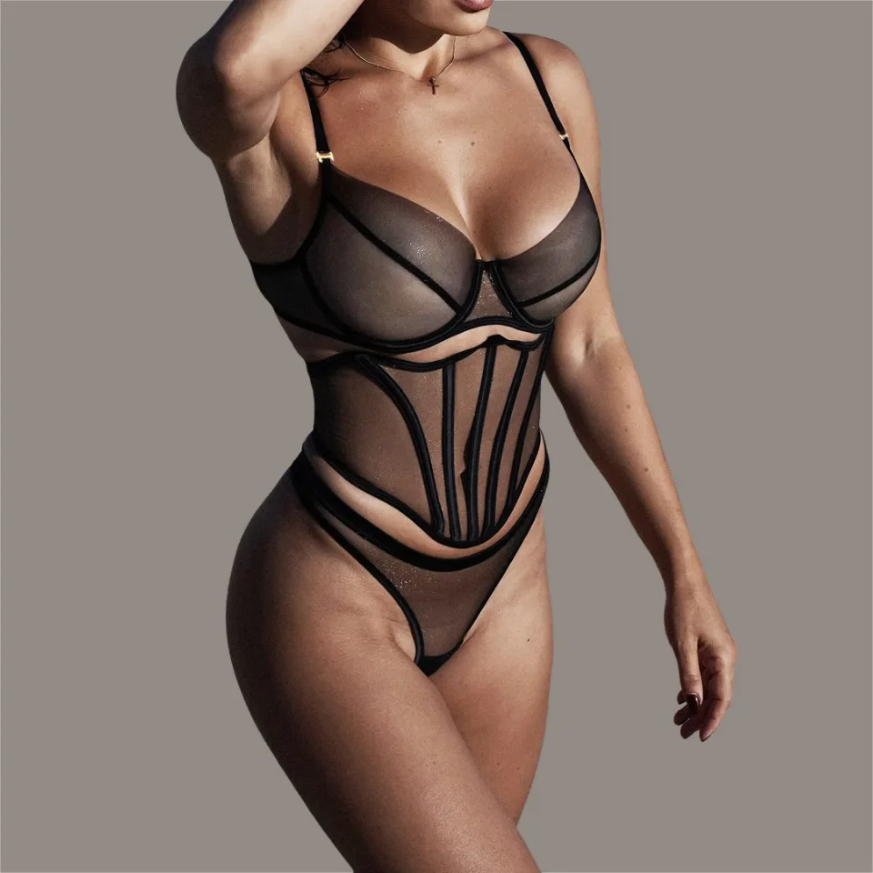 

Ellolace Confident Women's Lingerie Sets Tempted Honey Sheer 3PC Willowy Bra Fishbone Belt Cougar Extreme Hot Mesh Underwear