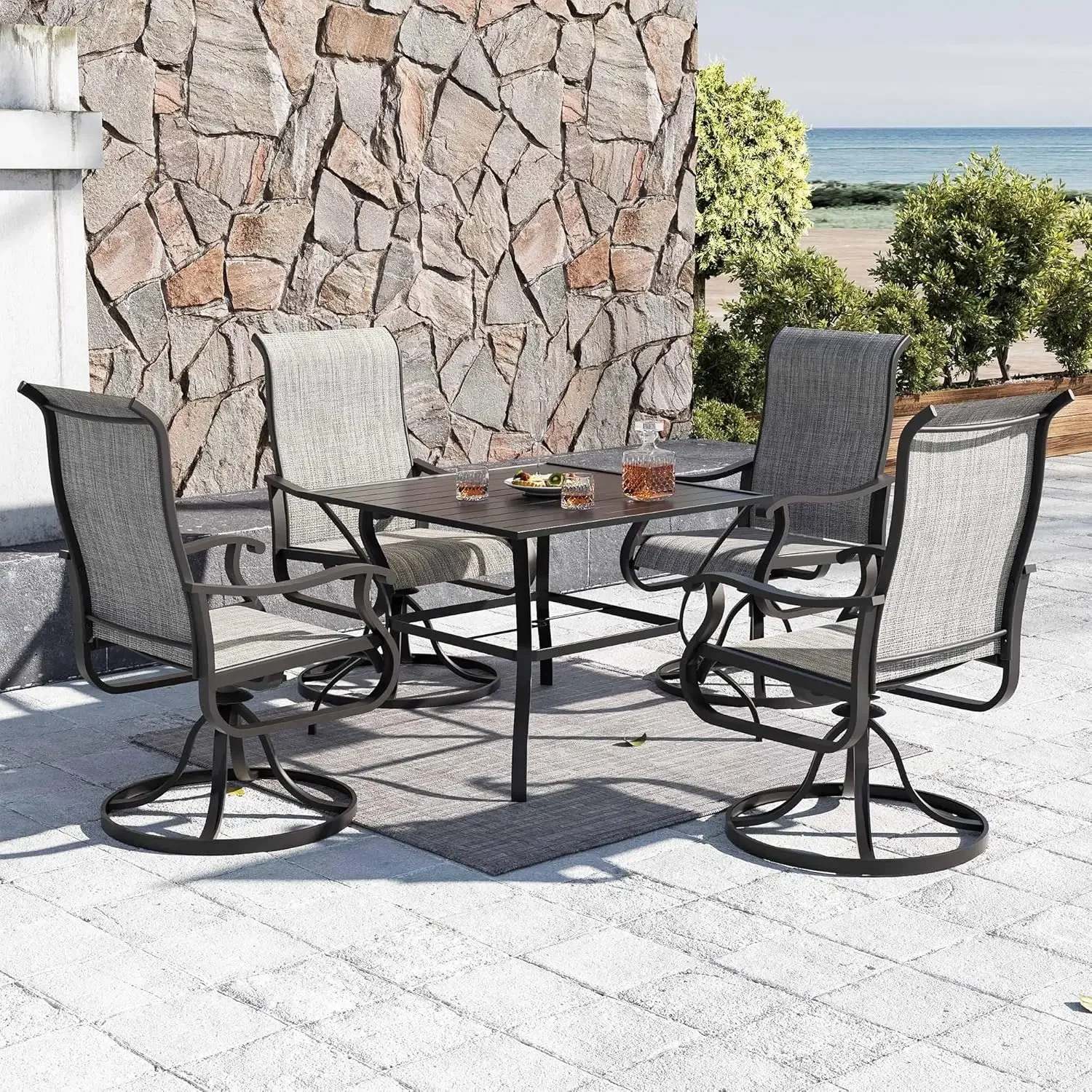 Patio Swivel Chairs Set of 4, Outdoor High Back Dining Rocker Chairs for Lawn, Porch & Garden (Grey)