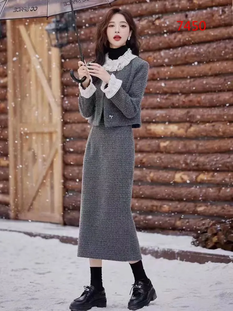 Classic Style Woolen Skirt Set for Women Female Office Lady in Autumn/Winter 2024 with Trendy High-Waist Two-Piece Look Hot Sale