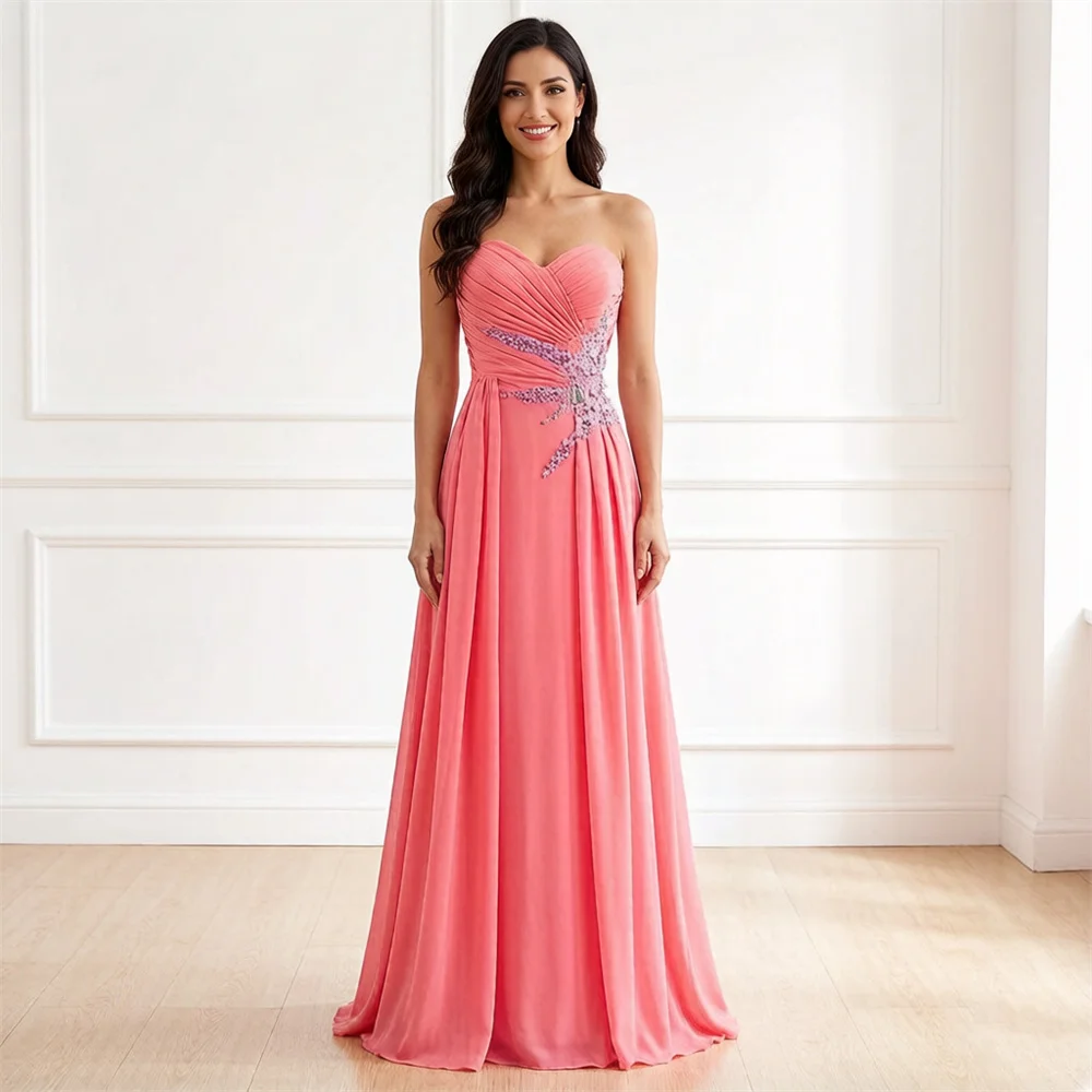 A Line Chiffon Strapless Crystals Beading Pleat Bridesmaid Dresses Wedding Party Formal Evening Prom Floor Length Lace Up