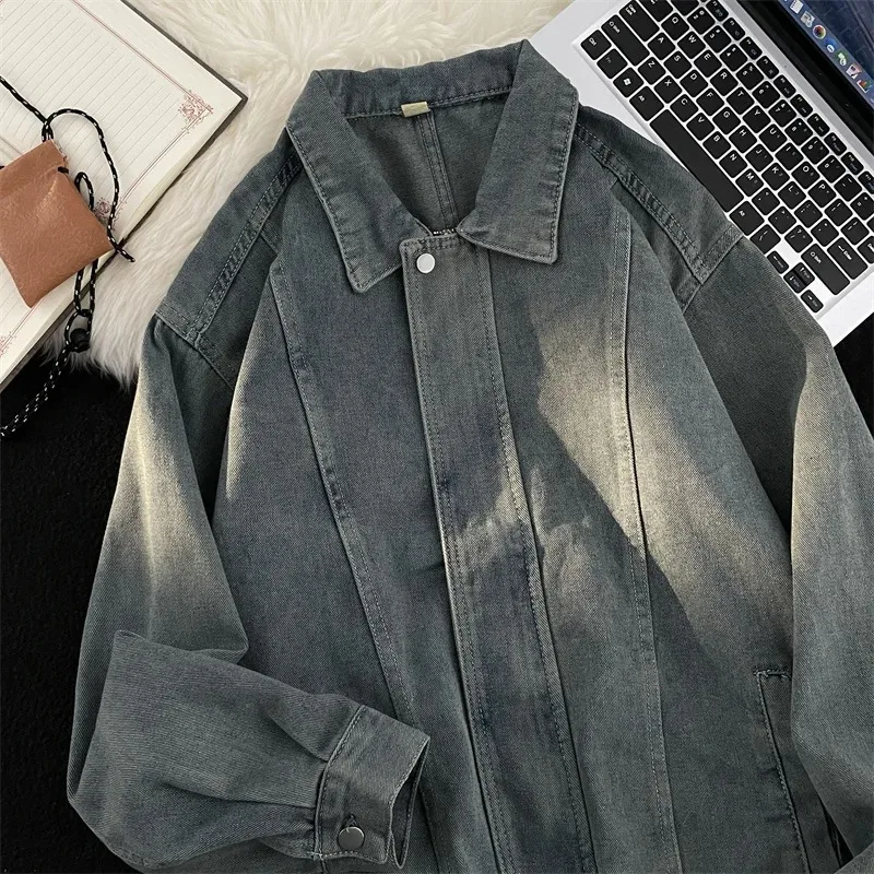 

Японская джинсовая куртка на молнии, мужская осенне-зимняя уличная мода, винтажная повседневная свободная верхняя одежда с завязками
