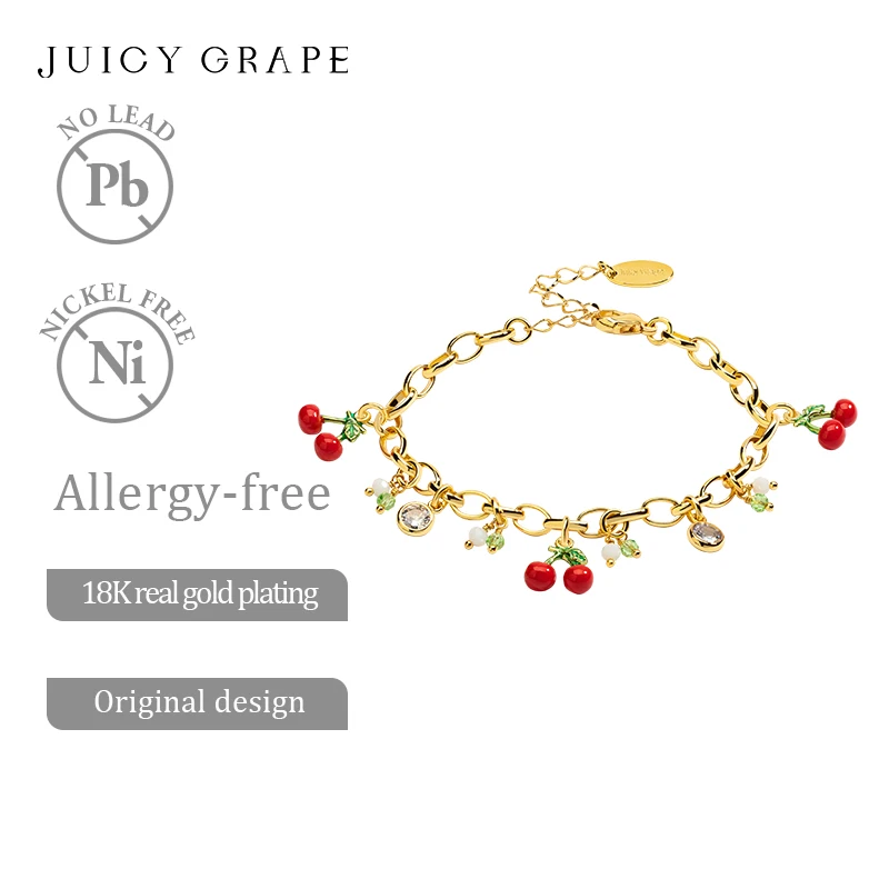 Juicy Grape Cherry Bracelet Fruit Pendant Bracelet Adjustable Bracelet Handmade Enamel Bracelet Plated with18K Real Gold Gift