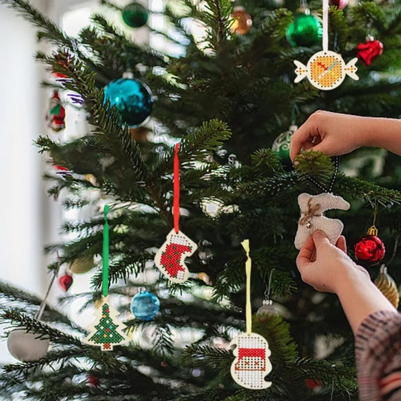 Kits de punto de cruz de madera, decoración de árbol de Navidad, adorno navideño