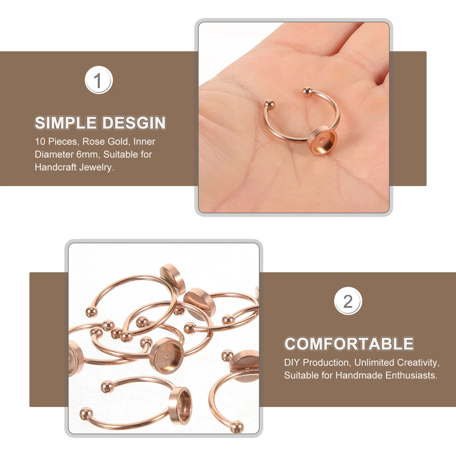 

10pcs Stainless Steel Ring Blanks 6mm Rose Gold Adjustable Base for DIY Jewelry Making Finger Rings Accessories
