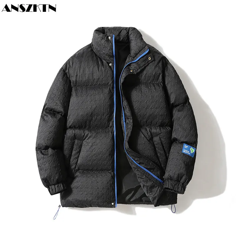 ANSZKTN 2022 new autumn and winter men's cotton casual cotton clothing men's thick jacket stand collar solid color letter bread