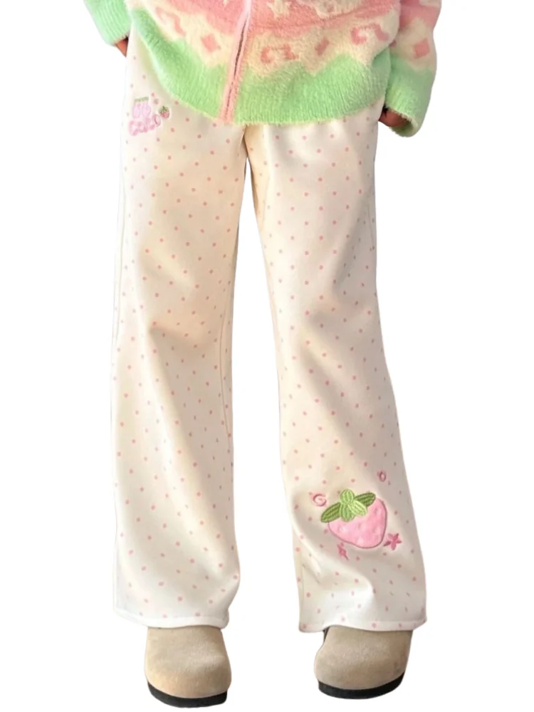 Kawaii Design Sweet Strawberry Embroidery High Elastic Waist Straight Swearpants Women Clothing Preppy Style Girl Pants Cutecore