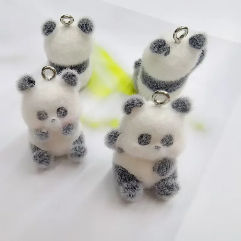 20Pcs 3D Cute Flocked Panda Doll Charms Cartoon Animal Resin Plush Pendant For Phone Keychain Necklace Earrings Diy Jewelry Make