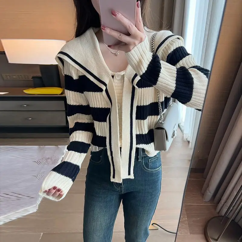 

Cardigan Autumn Collar Striped Sweater Knit Women 2023 Casual Long Sleeve Women Knitted Cardigan Long Sleeve Sweater Female Top