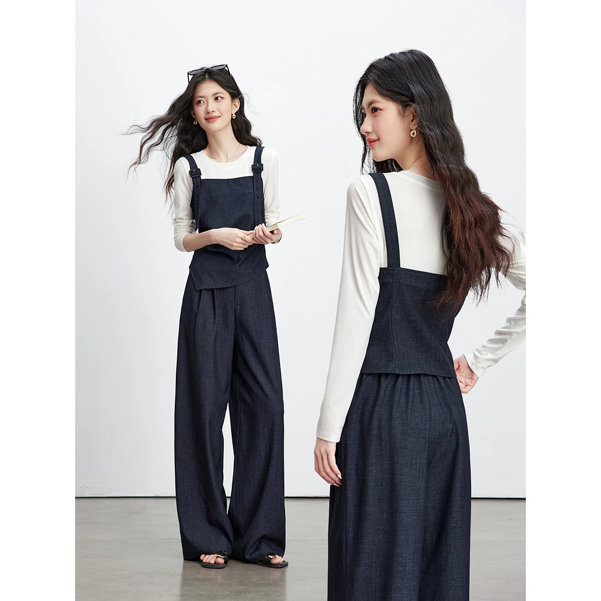 VIMLY Women's Navy Blue Commute 3-Piece Set 2026 Spring New Solid Suspender Long Sleeve Top Wide-leg Pants Casual Sets A3812