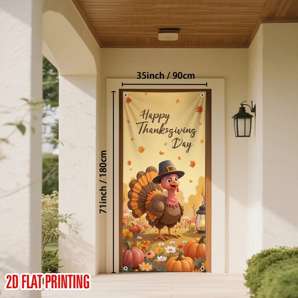 1pc Door Banner Thanksgiving Door Curtain Autumn Harvest Turkey Pumpkin 100% Polyester Fabric for Bedroom Living Room Decor