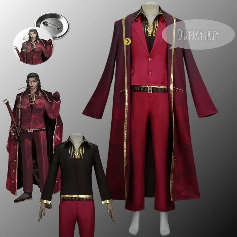 Limbus Company Leiheng Cosplay Costume Thumb Dongsorato Full Set Red Formal Suit With Long Coat Gold Trim & Top Hat Comic Con
