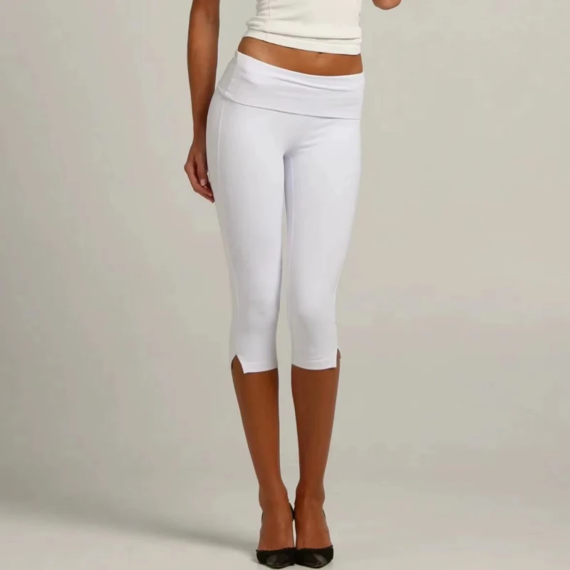 Summer Streetwear Yoga Pants Women Retro Solid Fold Over Waistband Leggings Low Rise Split Hem 3/4 Length Skinny Pants Casual
