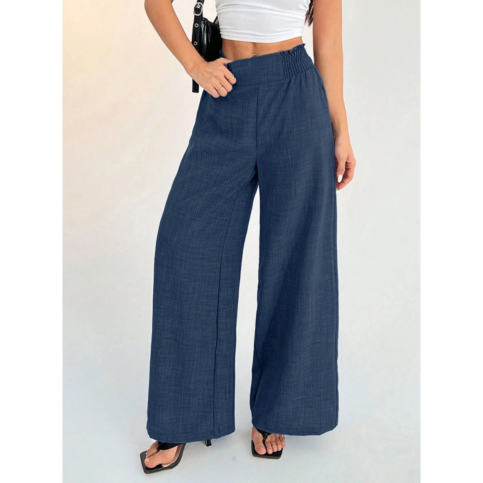 Cross-Border Pure Color Elastic Wide Leg Pants Women's Elegant Style Casual Trousers Universal Natural Waist Silk Material