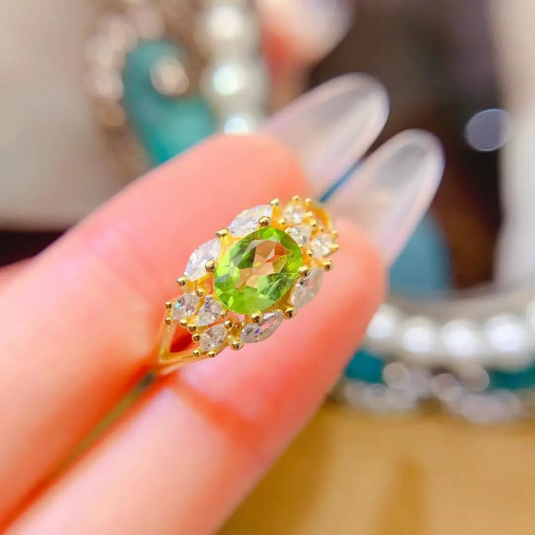 

Кольцо из стерлингового серебра, кольцо с натуральным перидотом, 5 мм * 7 мм, VVS, ювелирные изделия из серебра 925 пробы с позолотой 18 карат