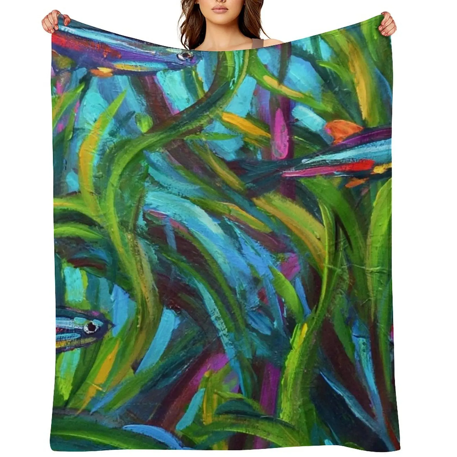 

Neon Tetra Fish Art by Robert Phelps Throw Blanket Softest Sofa Quilt Polar Soft Plaid Blankets