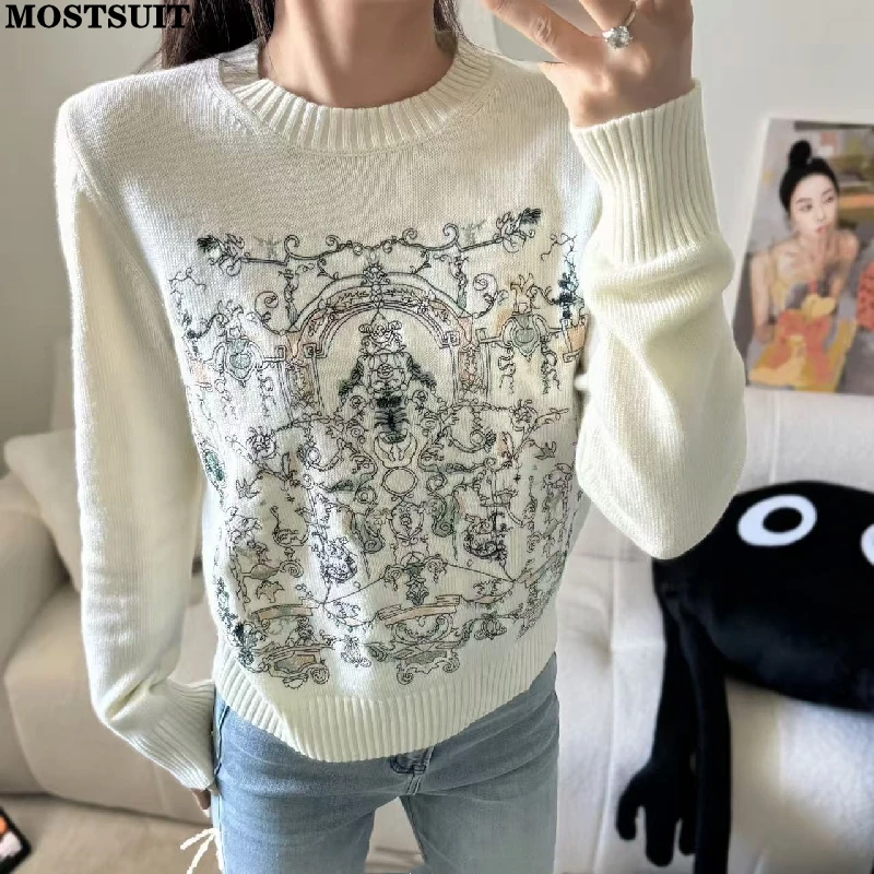 

Stylish Vintage Knit Sweater Tops Women 2026 Autumn Embroidered Full Sleeve Loose Ladies Pullover Knitwear Fashion Chic Jumpers