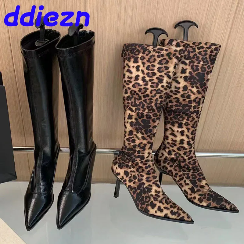 Footwear Fashion Leopard print Women Knee High Stretch Boots Female Designer Shoes Modern Ladies Long Booties Heels Pumps Shoes