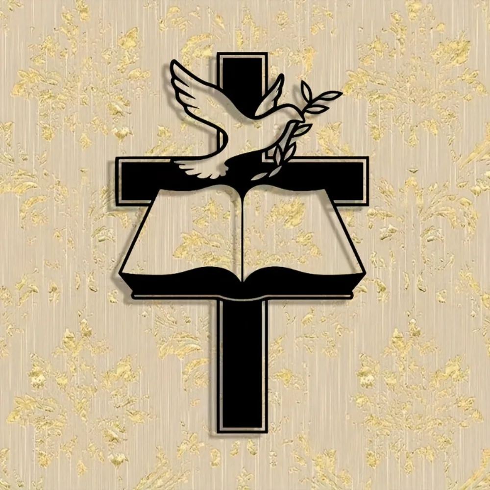 1pc Cross with Dove and Leaf Metal Wall Art Elegant Iron Sign for Home Office Living Room Patio Decor